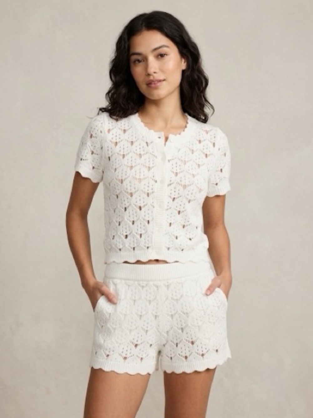 Crochet Knit Short Sleeve Cardigan & Short Set - White